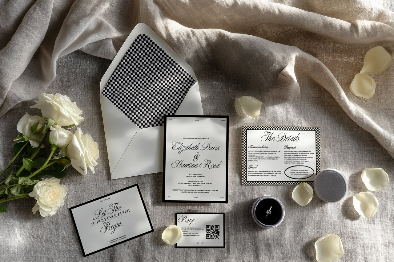 Old money wedding invitation suite printed on fine art paper – Fifth & Found modern black and white Canva design