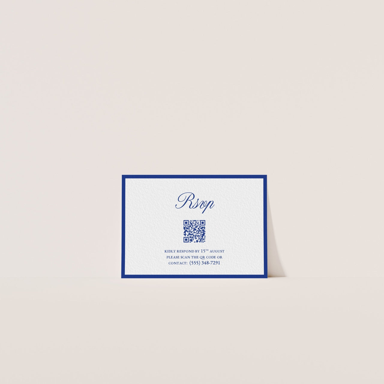 Modern RSVP card with blue QR code and elegant serif fonts – Casa De Cielo Canva template with digital RSVP option