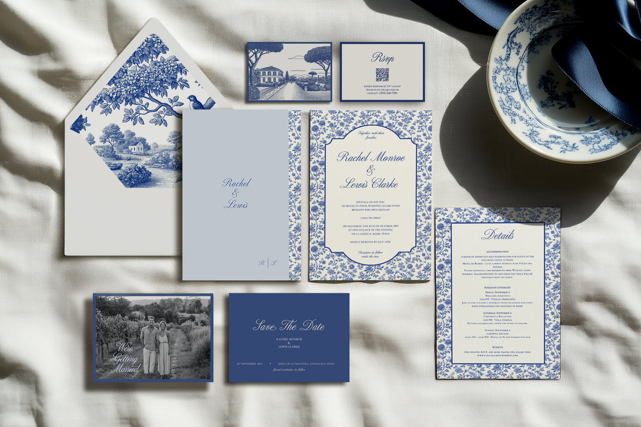 Complete French blue and white wedding invitation suite with floral accents – Casa De Cielo Canva flat lay on fine art paper, Canva Template