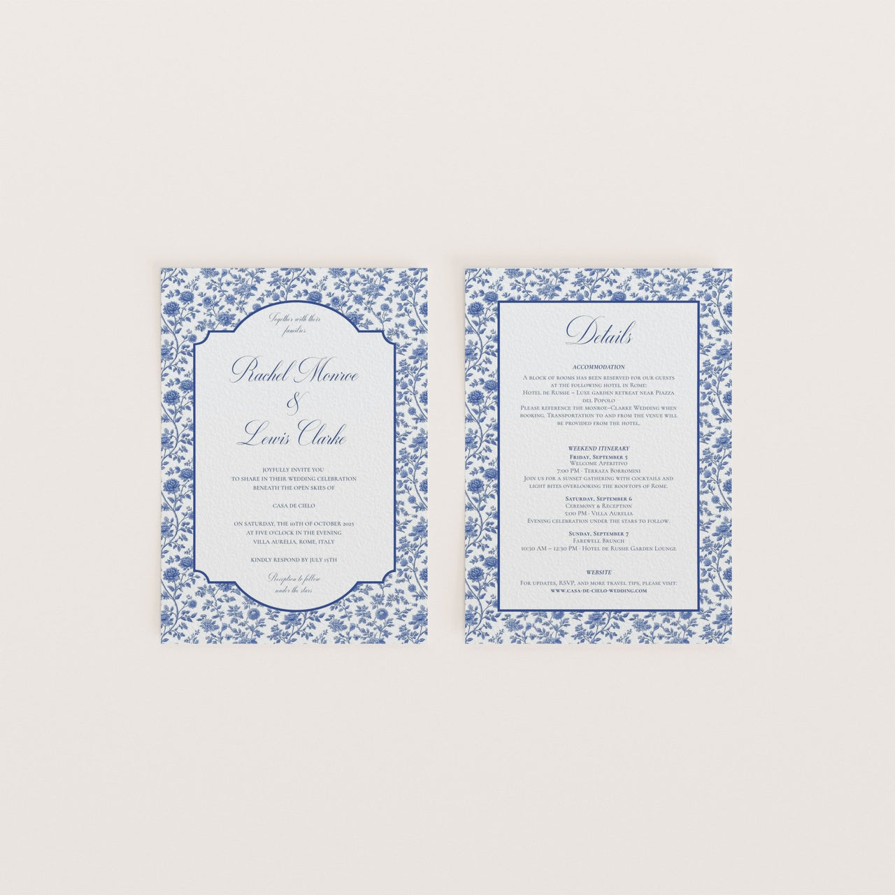 Blue and white wedding invitation and details card set with French floral borders – Casa De Cielo Canva template for elegant weddings