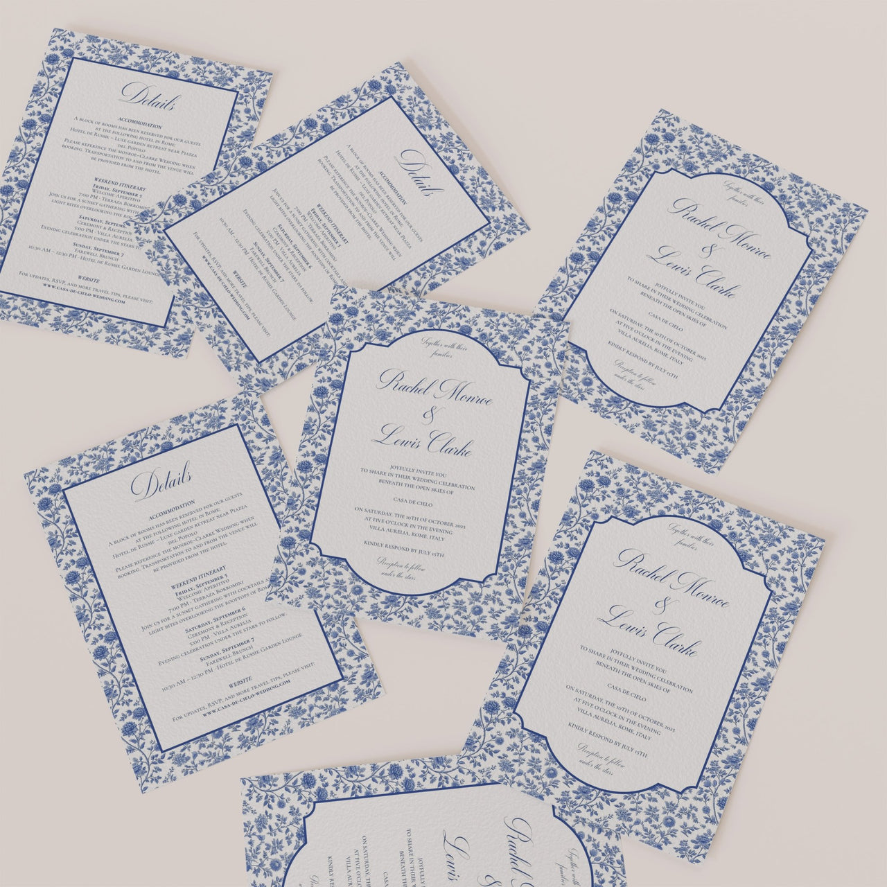 Blue and white wedding invitation and details card set with French floral borders – Casa De Cielo Canva template for elegant weddings