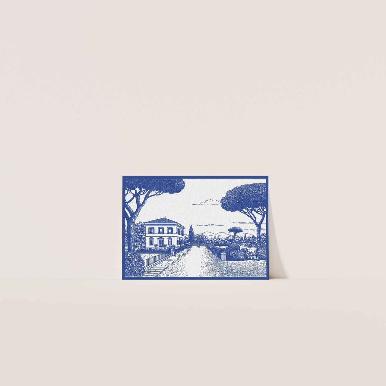 Hand-drawn French countryside venue sketch on RSVP card back – Casa De Cielo suite with illustrated wedding details