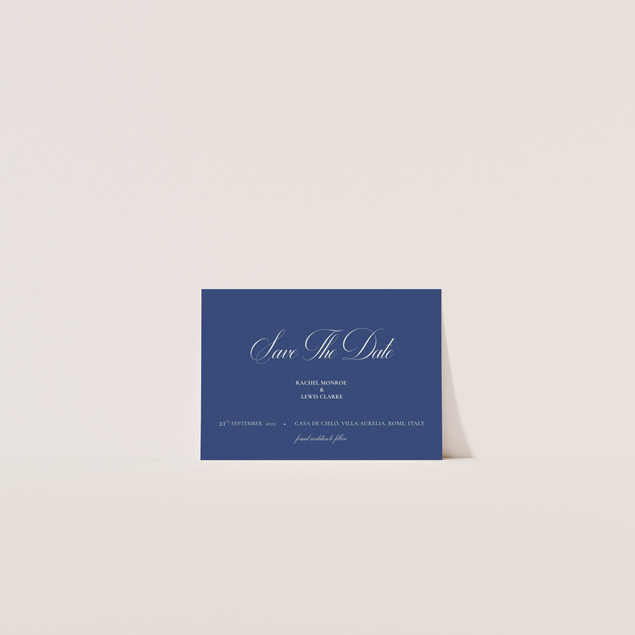 Refined Save the Date card with porcelain white and blue palette – Casa De Cielo Canva template inspired by European weddings