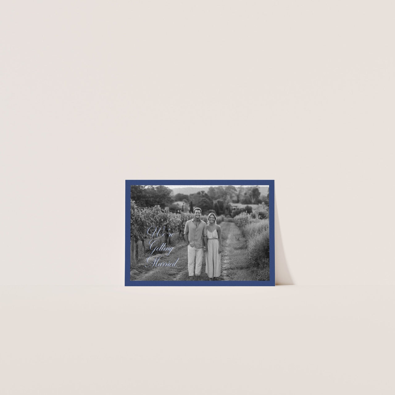 Refined Save the Date card with porcelain white and blue palette with Photo – Casa De Cielo Canva template inspired by European weddings