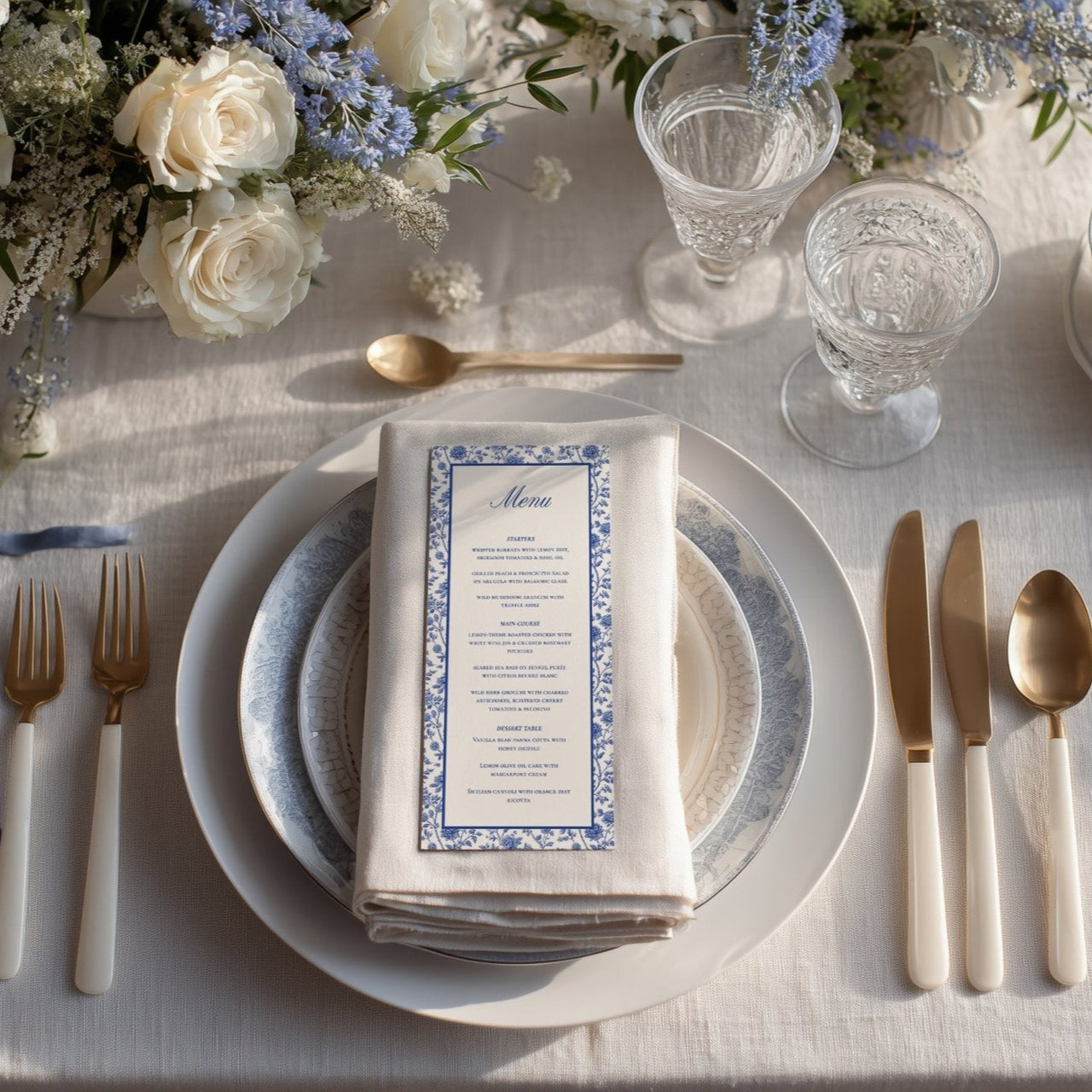 French-inspired wedding menu with refined typography and soft floral accents – Casa De Cielo Canva template in blue and ivory tones