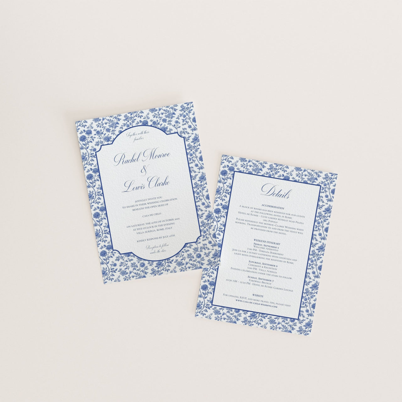 Blue and white wedding invitation and details card set with French floral borders – Casa De Cielo Canva template for elegant weddings