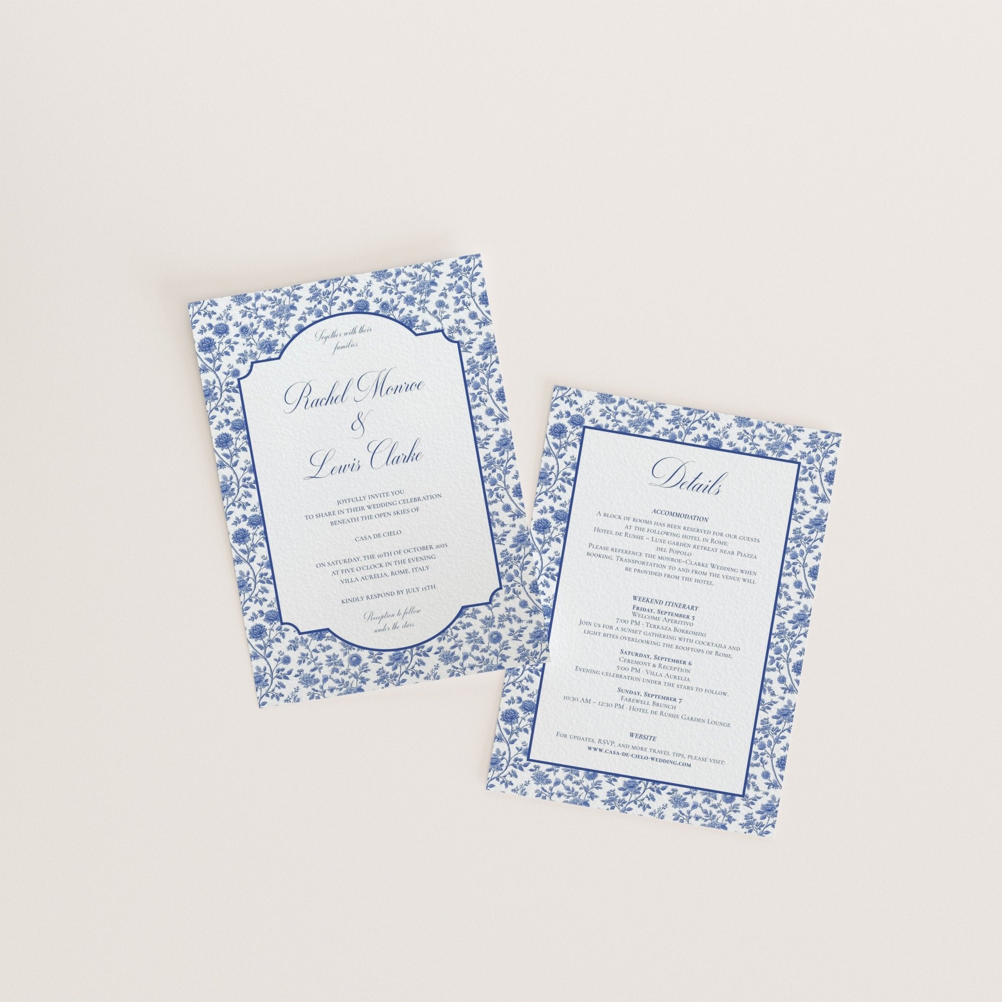 Blue and white wedding invitation and details card set with French floral borders – Casa De Cielo Canva template for elegant weddings