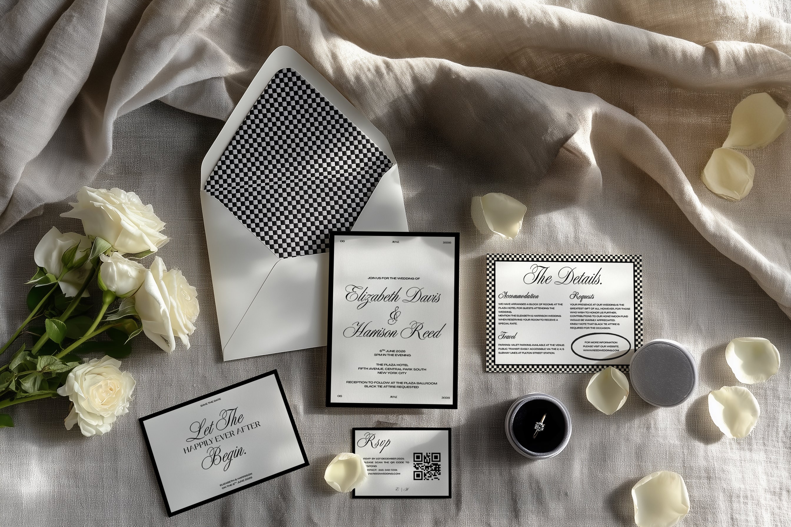 Old money wedding invitation suite printed on fine art paper – Fifth & Found modern black and white Canva design