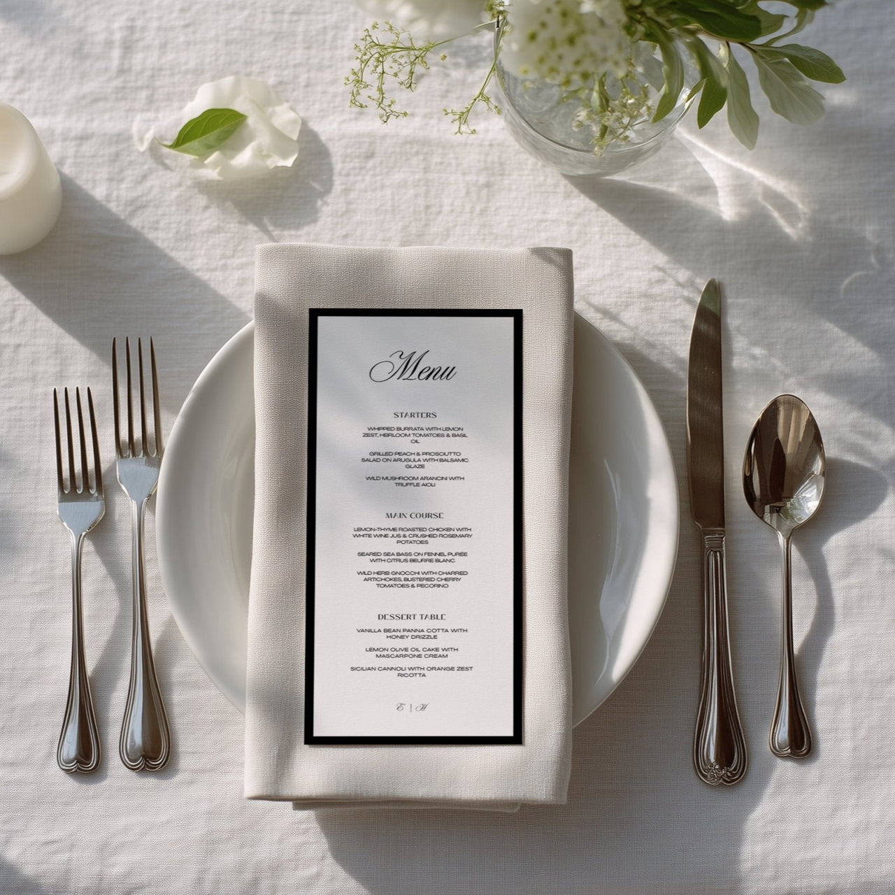 Luxury printed wedding stationery with wide-set fonts and minimalist aesthetic – Fifth & Found wedding suite, food menu