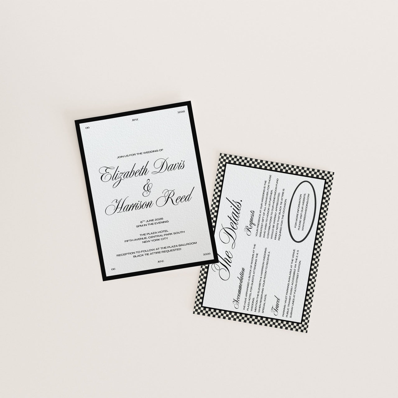 Black and white wedding invitation with classic serif and modern sans-serif fonts – Fifth & Found Canva template