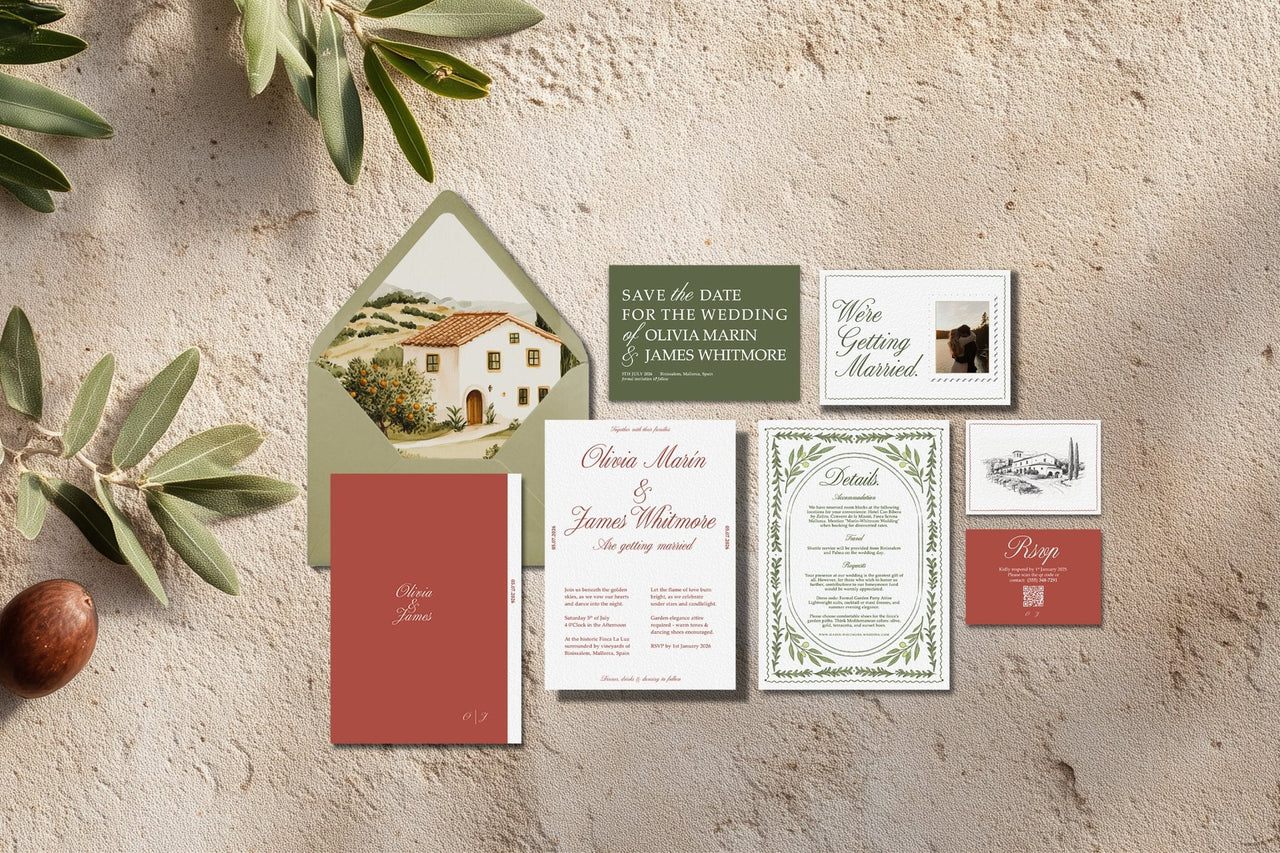 Editable Canva wedding invitation with old-world charm and modern layout – burgundy and olive Finca & Flame design