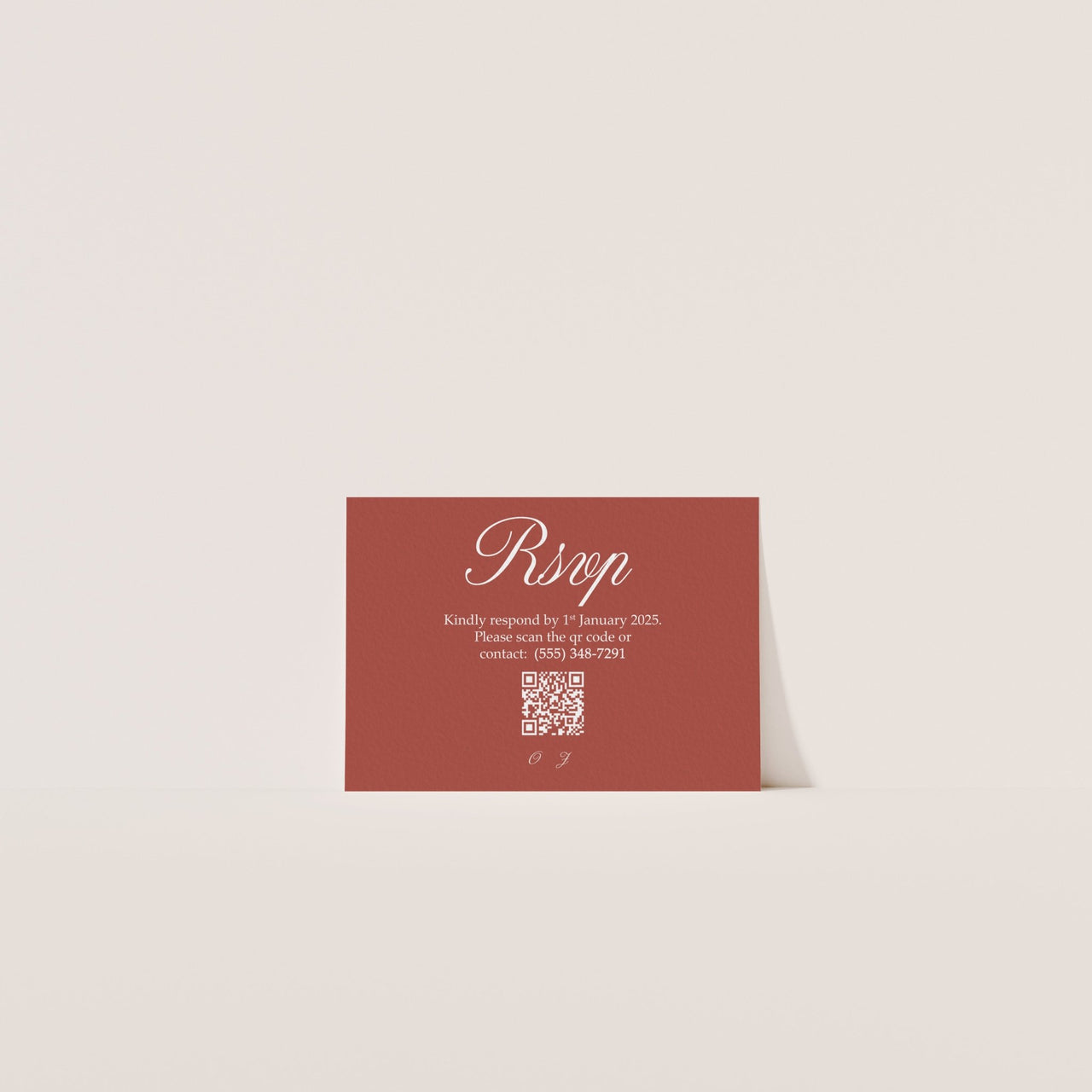 Elegant RSVP card with QR code bold serif fonts and terracotta-inspired design – editable Canva wedding template