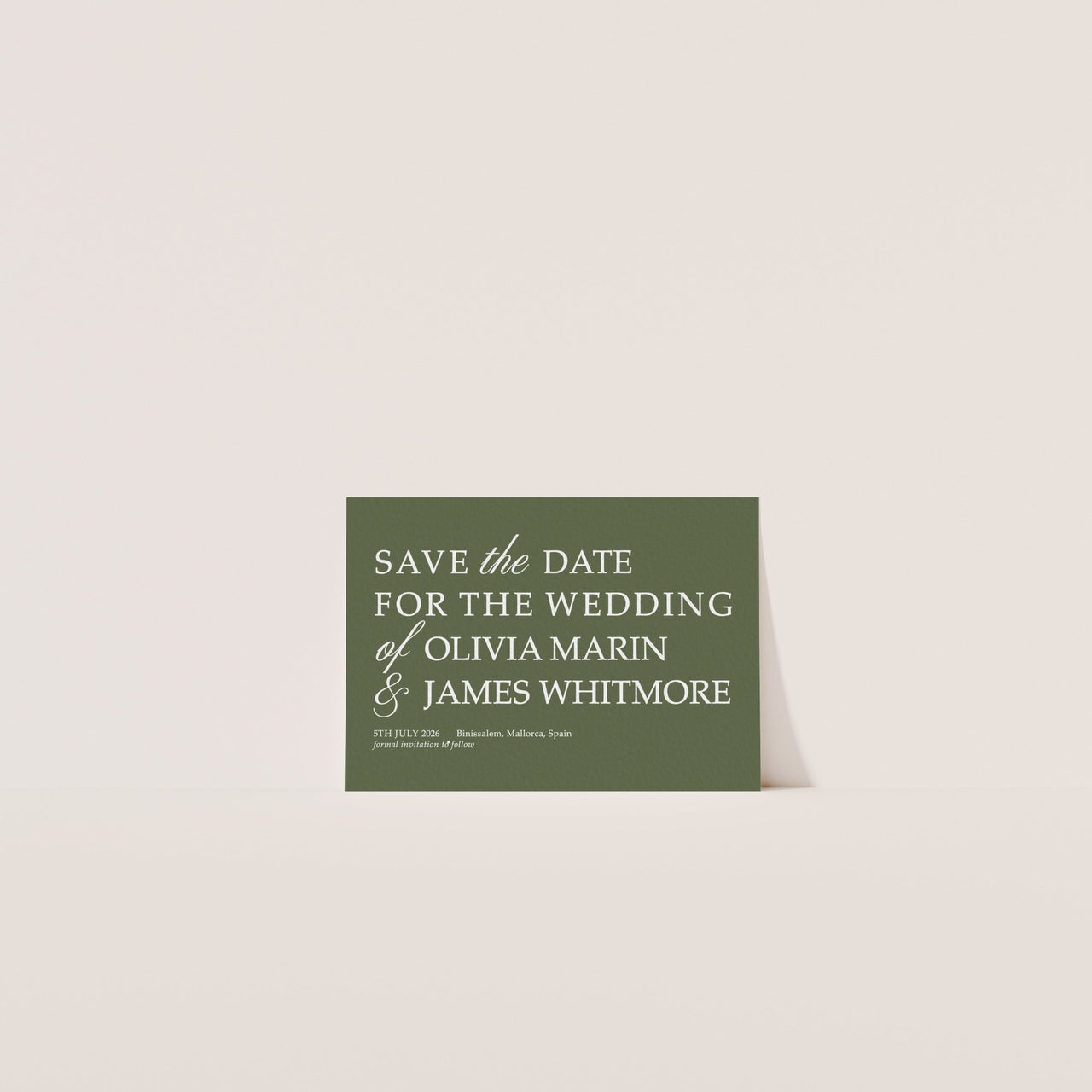 Burgundy and olive Save the Date card with minimalist serif typography – part of the Finca & Flame Canva wedding suite