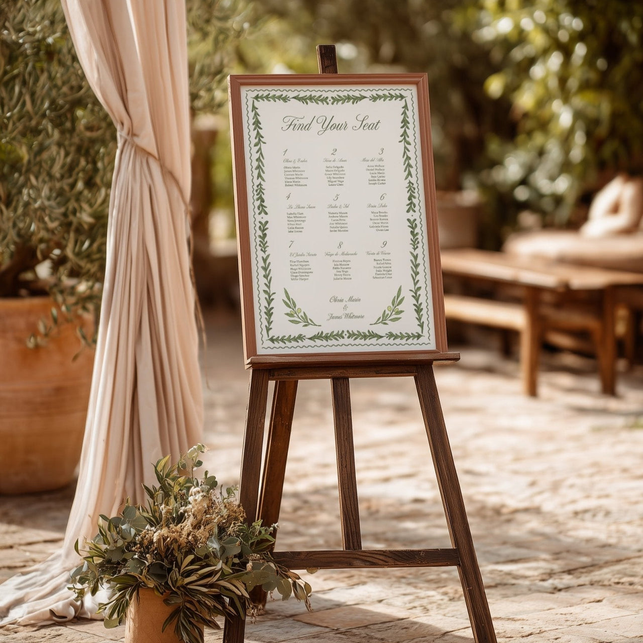 Editable Canva wedding seating plan in rich wine and olive tones – Finca & Flame suite with old-world charm and bold layout