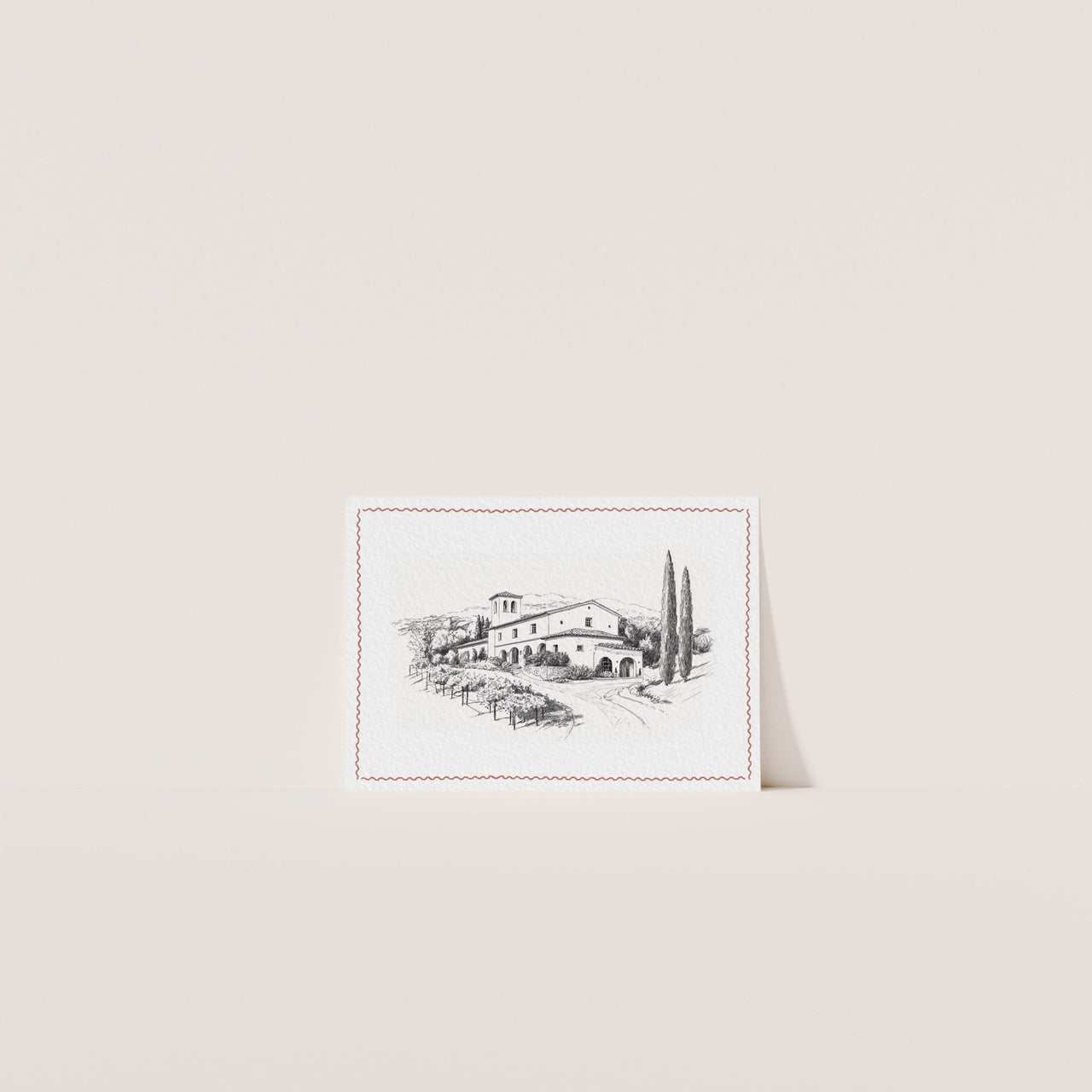 Elegant RSVP card with venue sketch and terracotta-inspired design – editable Canva wedding template