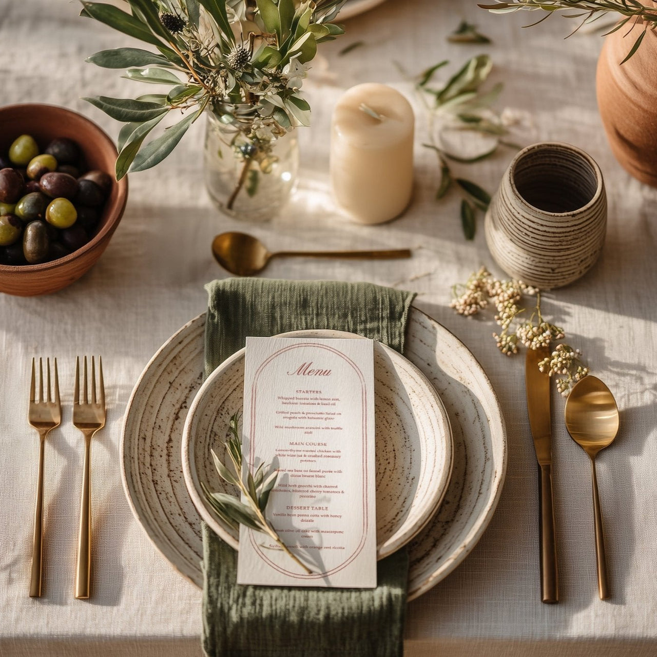 Wedding menu card featuring terracotta and olive accents with elegant serif fonts – Finca & Flame Canva template for destination weddings