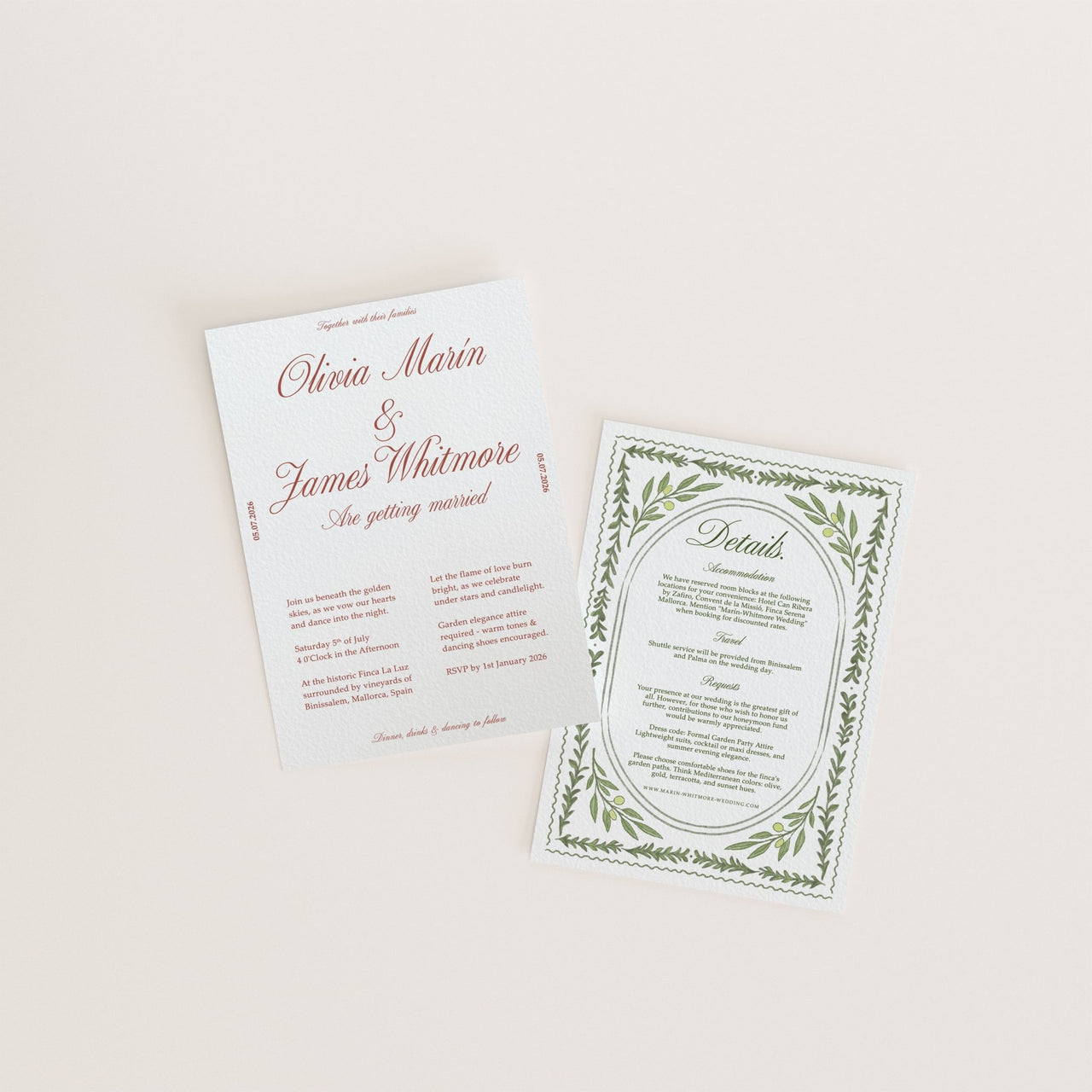 Wedding invitation template with rich burgundy and olive tones – Finca & Flame Canva suite inspired by Andalusian elegance