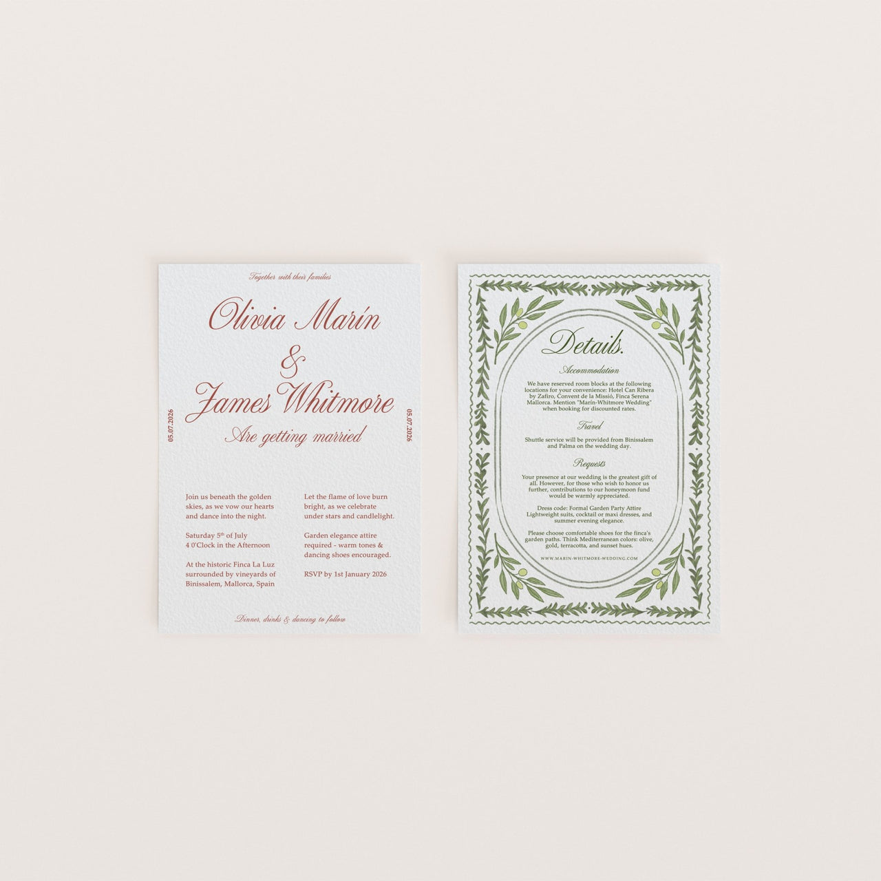 Printed wedding stationery suite with wine and olive color palette – Finca & Flame Canva design for vineyard weddings