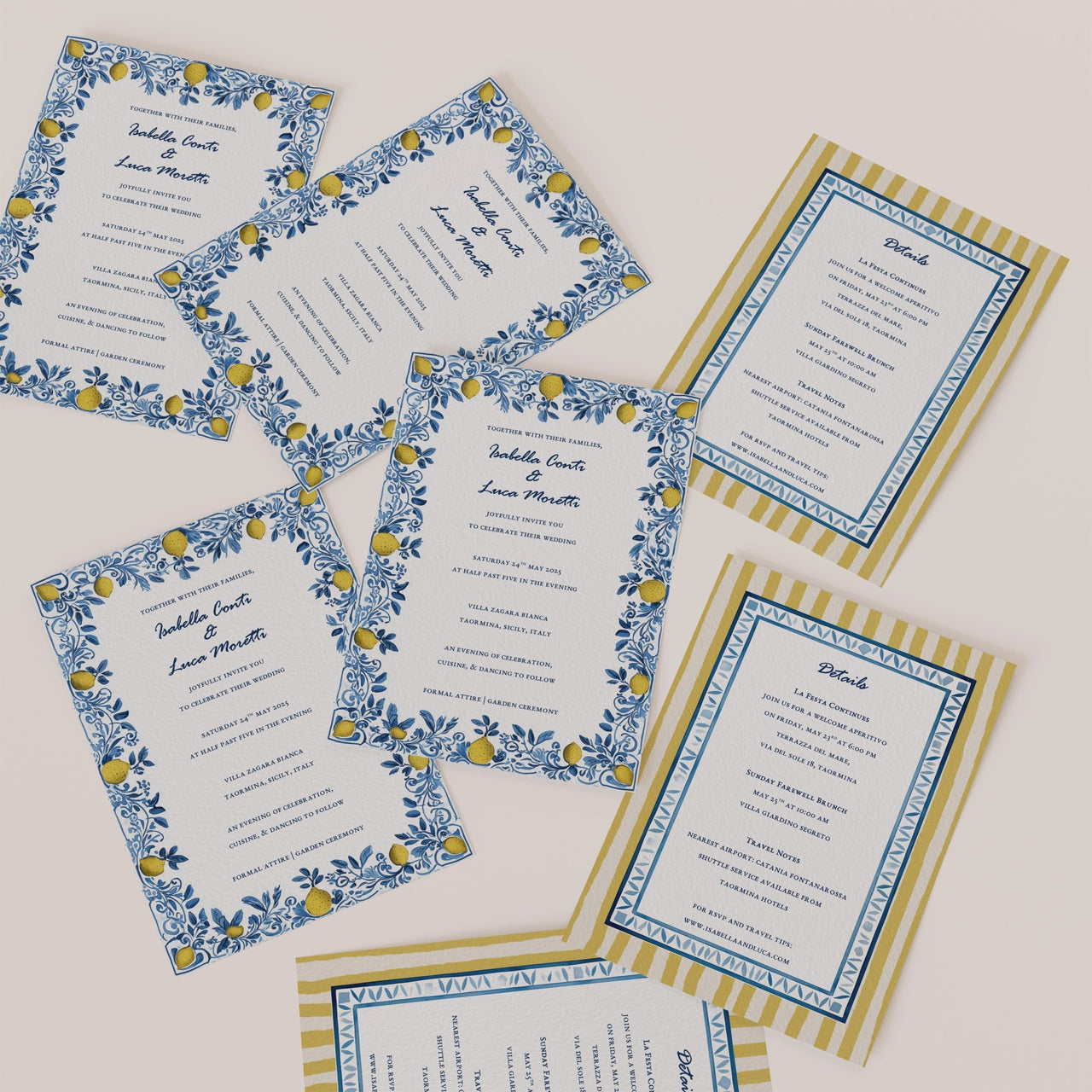 Close-up of luxury fine art paper texture with blue and yellow tones – Sicilian Reverie wedding stationery suite
