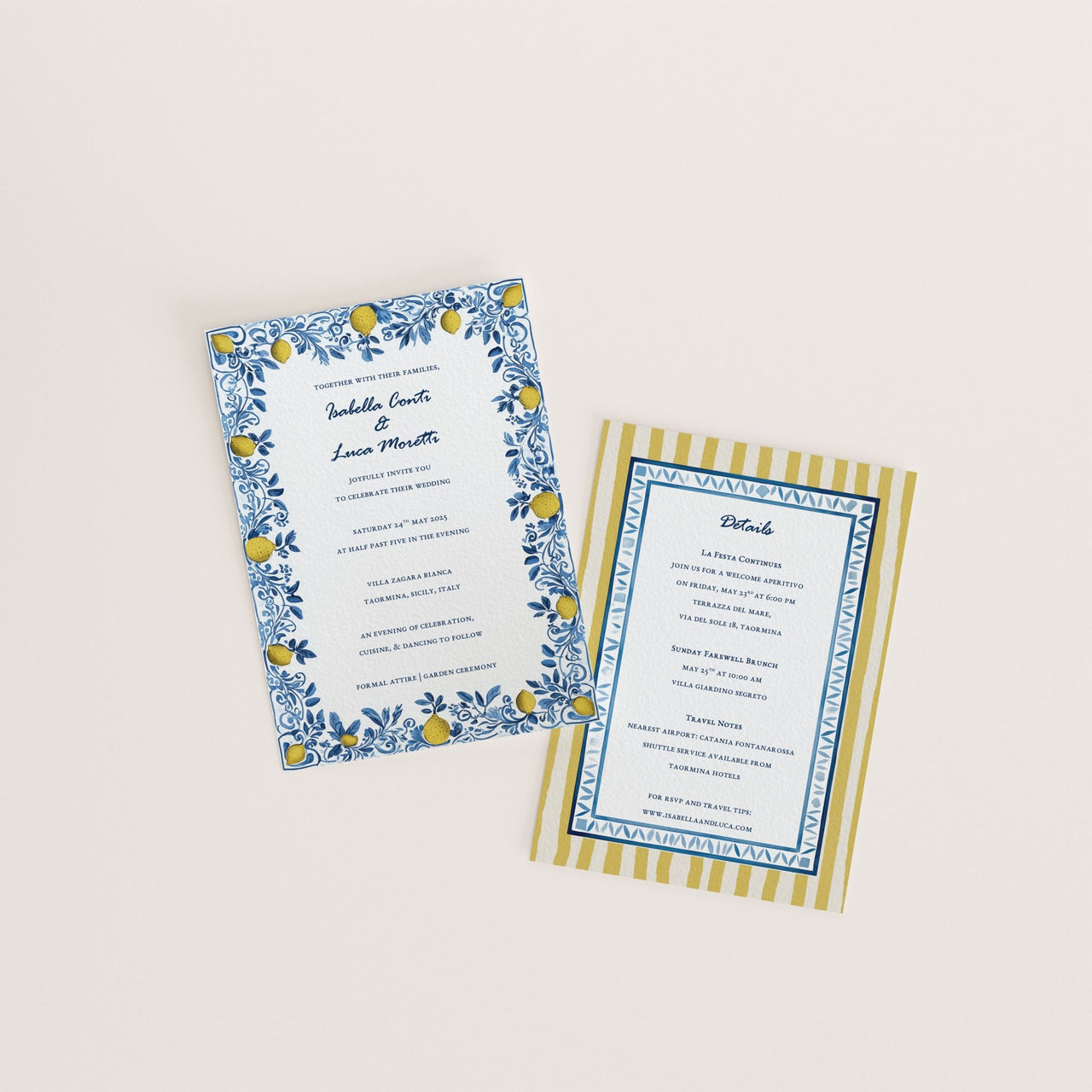 Sicilian floral wedding invitation and details card in soft blue and yellow tones – Canva editable template from Sicilian Reverie collection
