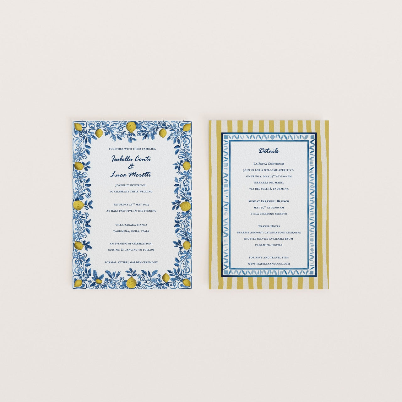 Sicilian floral wedding invitation and details card in soft blue and yellow tones – Canva editable template from Sicilian Reverie collection