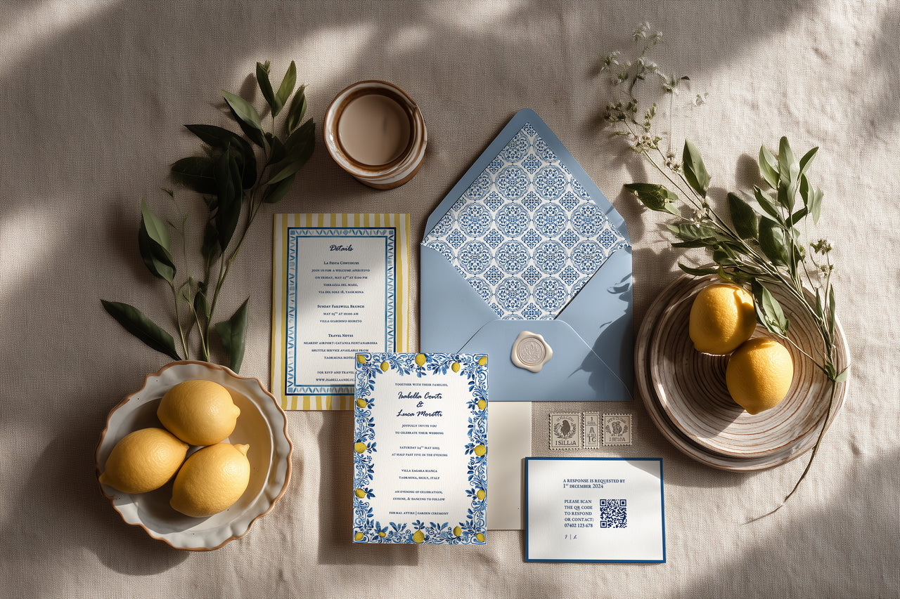 Complete Mediterranean-inspired wedding invitation suite with blue, yellow, and ivory floral borders – Sicilian Reverie Canva template