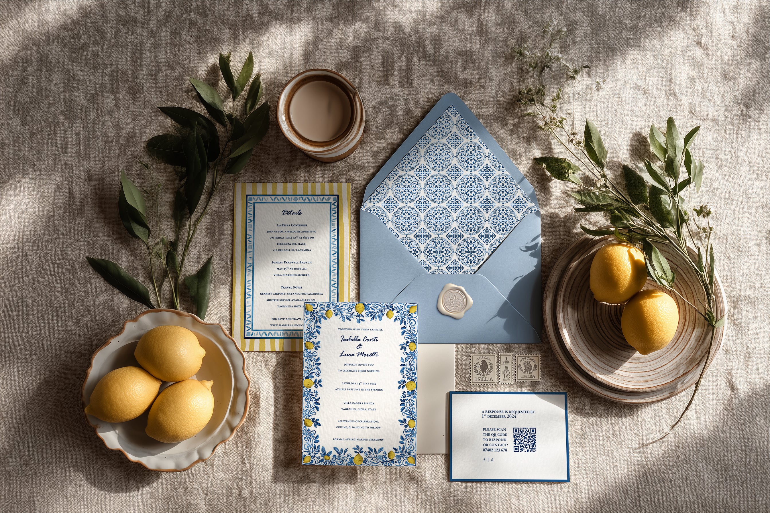 Complete Mediterranean-inspired wedding invitation suite with blue, yellow, and ivory floral borders – Sicilian Reverie Canva template