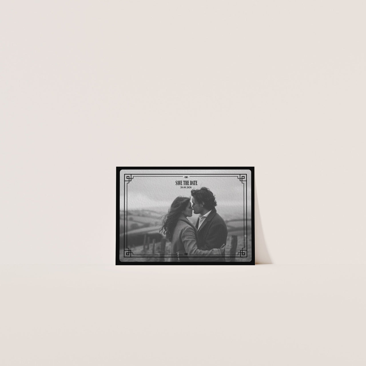 Art Deco black and white Save The Date with luxury fine art paper – The Crosby Suite Canva template
