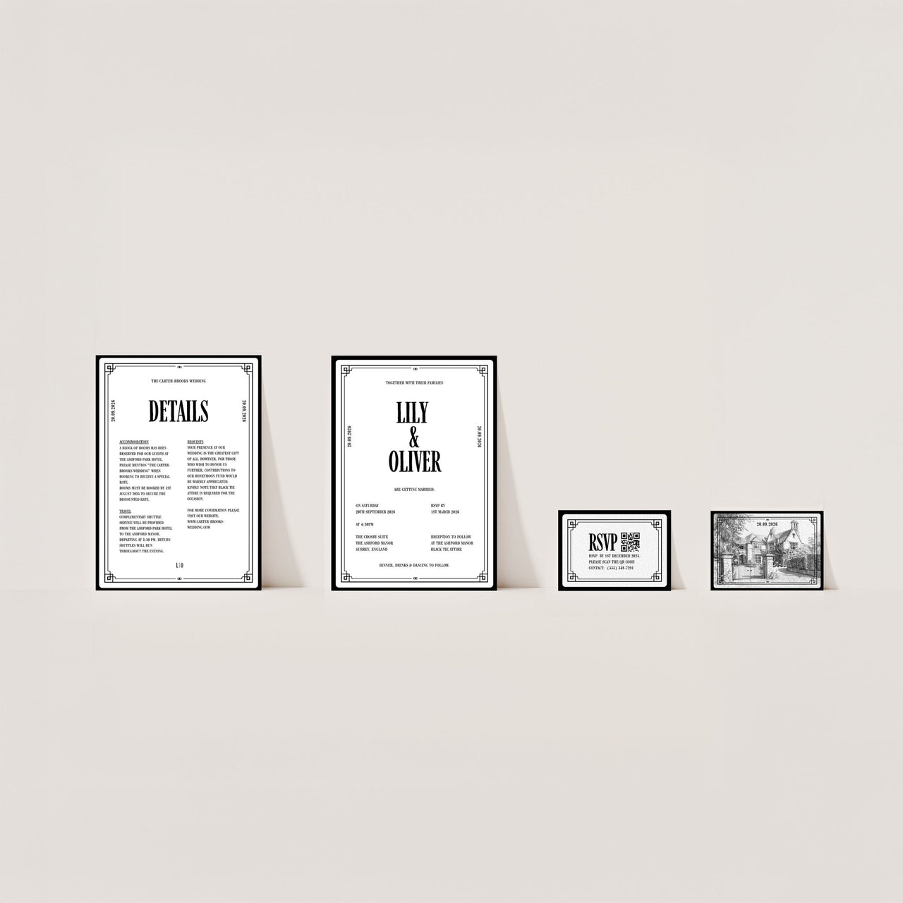 Art Deco black and white wedding invitation with luxury fine art paper – The Crosby Suite Canva template