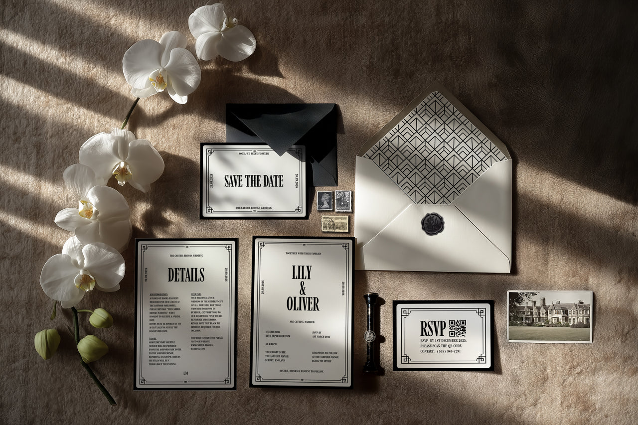 Art Deco black and white wedding suite set with luxury fine art paper – The Crosby Suite Canva template