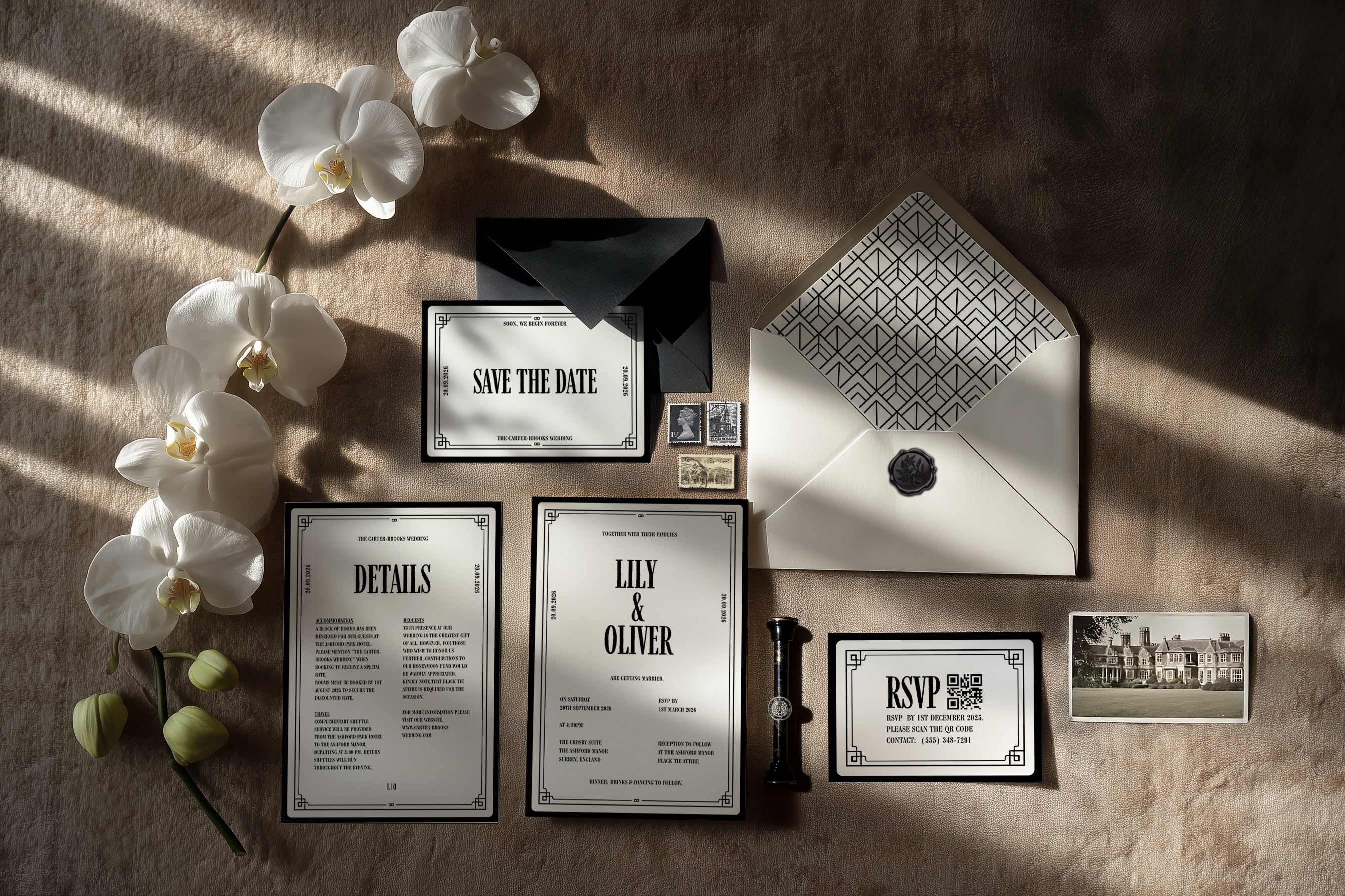 Art Deco black and white wedding suite set with luxury fine art paper – The Crosby Suite Canva template