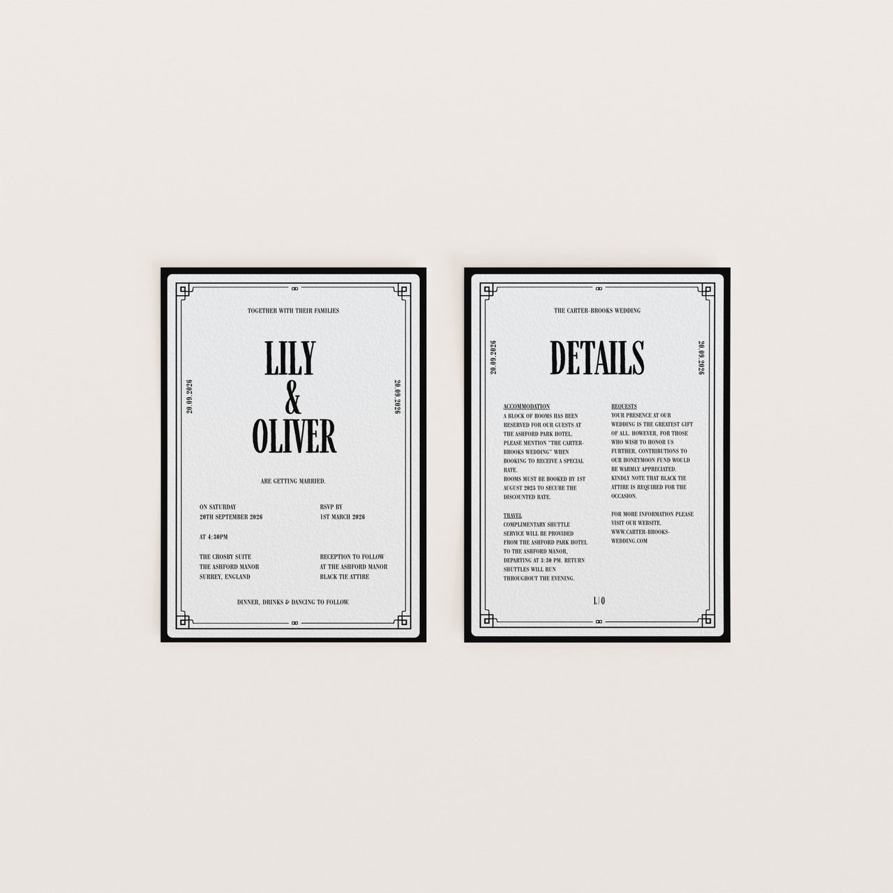 Art Deco black and white wedding invitation with luxury fine art paper – The Crosby Suite Canva template