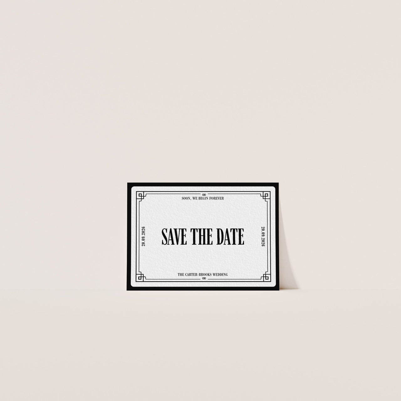 Art Deco black and white wedding Save The Date with luxury fine art paper – The Crosby Suite Canva template