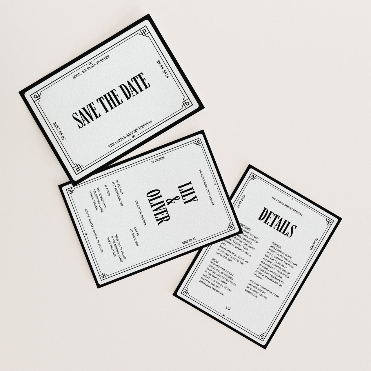 Art Deco black and white wedding invitation with luxury fine art paper – The Crosby Suite Canva template