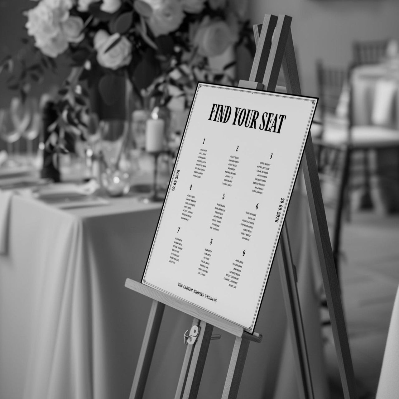 Art Deco black and white wedding seating layout with luxury fine art paper – The Crosby Suite Canva template