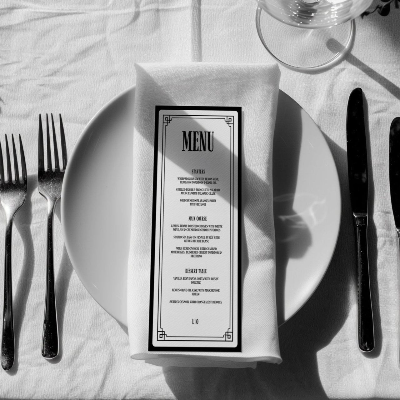 Art Deco black and white wedding food menu luxury fine art paper – The Crosby Suite Canva template