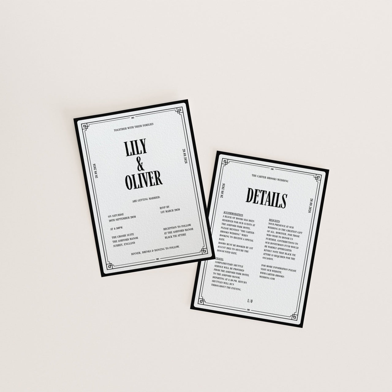 Art Deco black and white wedding invitation with luxury fine art paper – The Crosby Suite Canva template