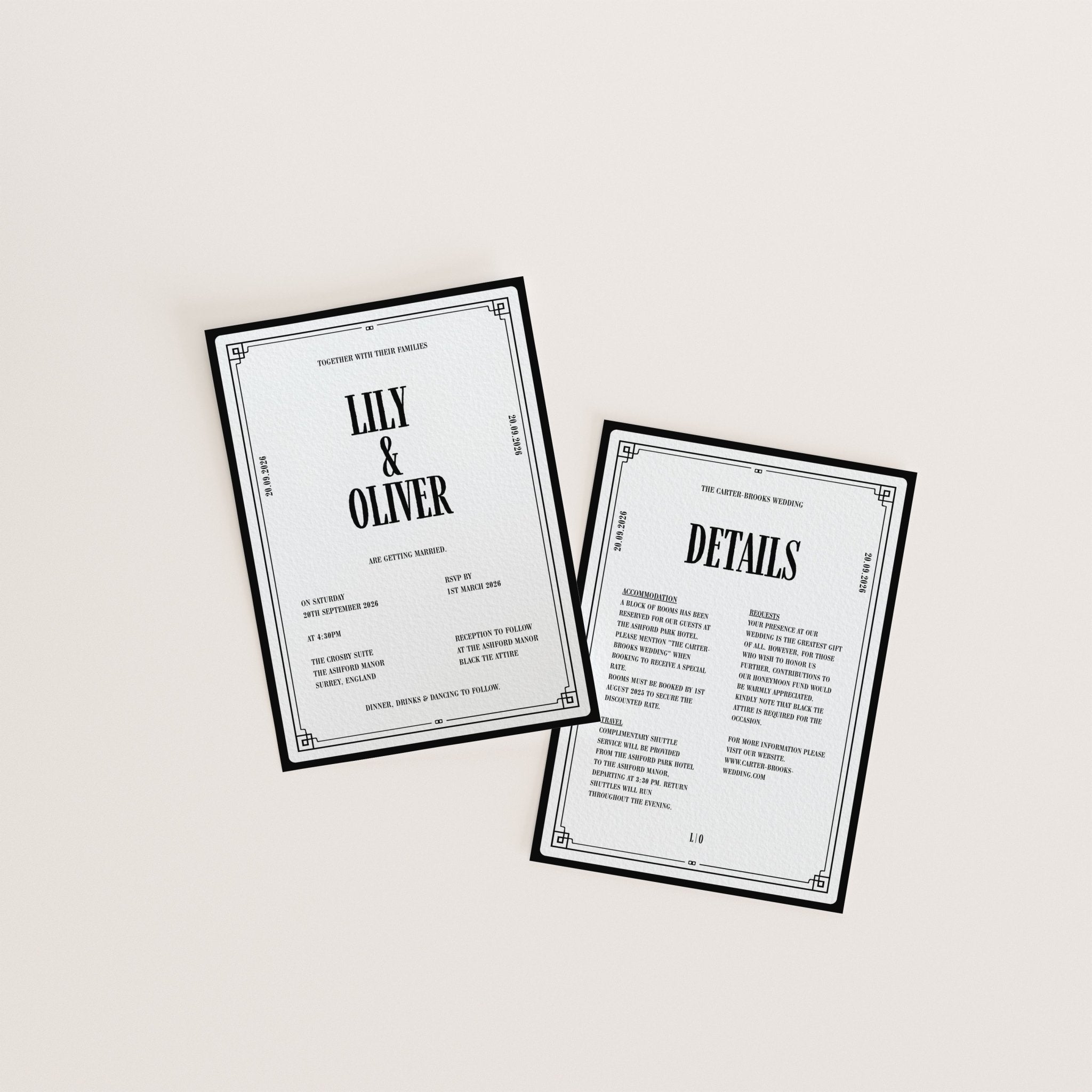 Art Deco black and white wedding invitation with luxury fine art paper – The Crosby Suite Canva template